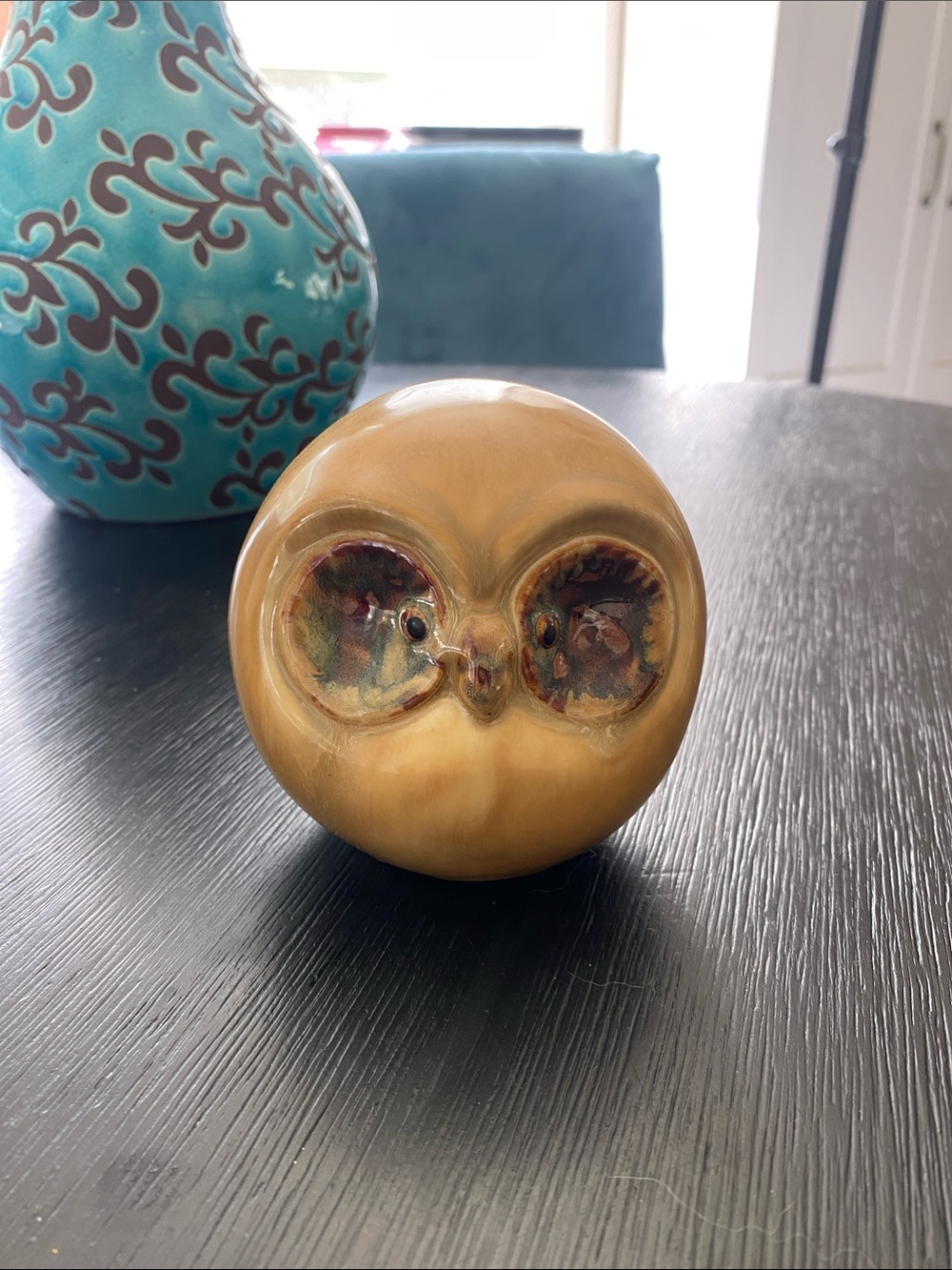 Vintage Round Ceramic Owl Figurine in Warm Honey Brown